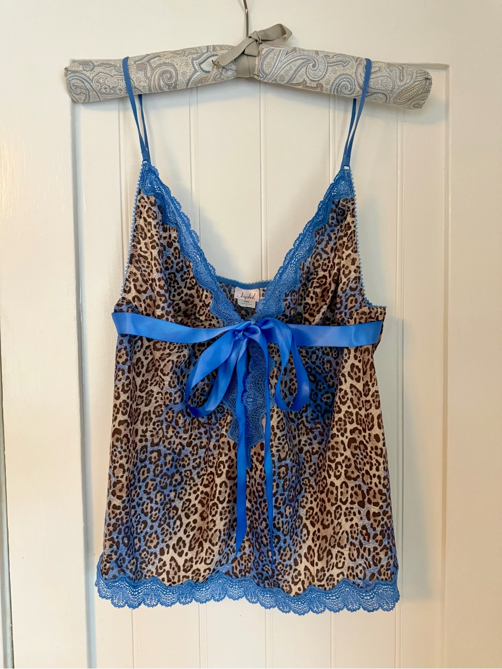 Flirty and Feminine Jezebel Leopard Satin Chemise with Blue Lace